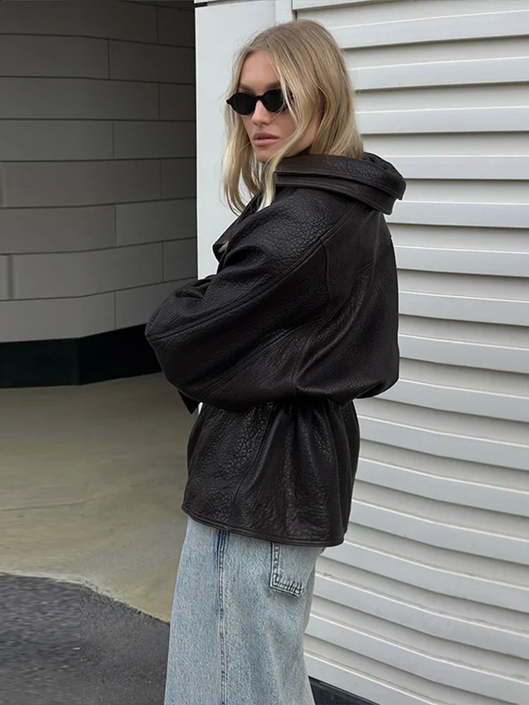 Drawstring Waist Brown Textured PU Leather Jacket Women High Neck Asymmetric Zip Button Detail Oversized Full Streetwear 251020
