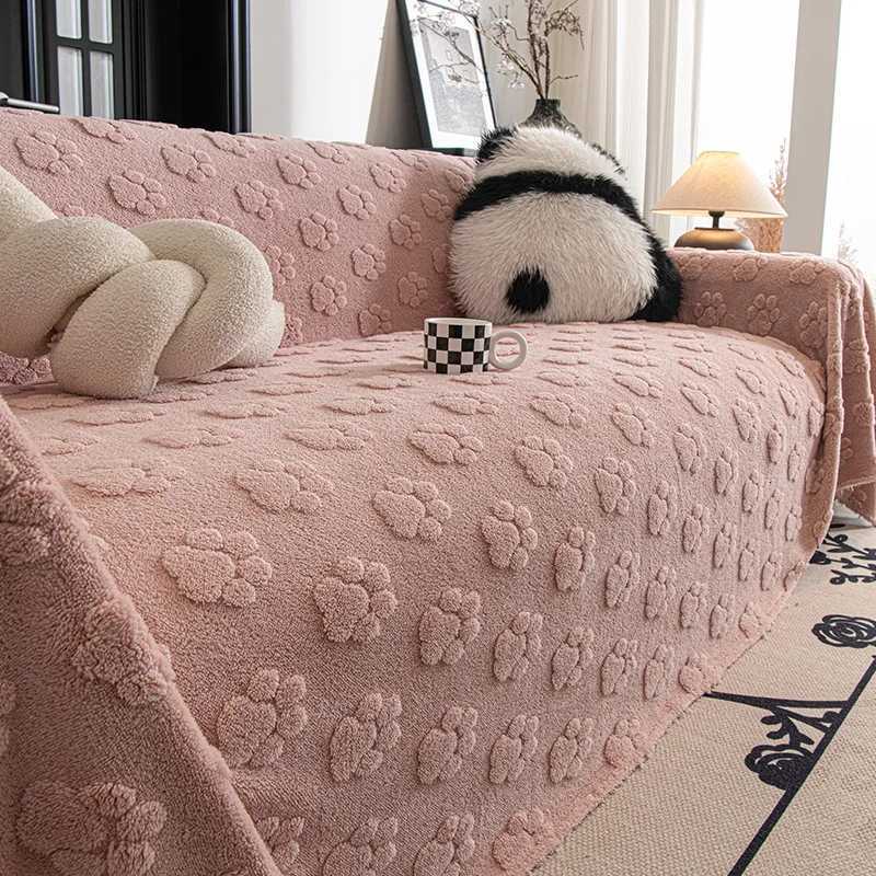 Cute Cat Paw Jacquard Sofa Towel Lovely Solid Color Plush Keep Warm Couch Slipcover AllInclusive Recliner Cover for Living Room C251028