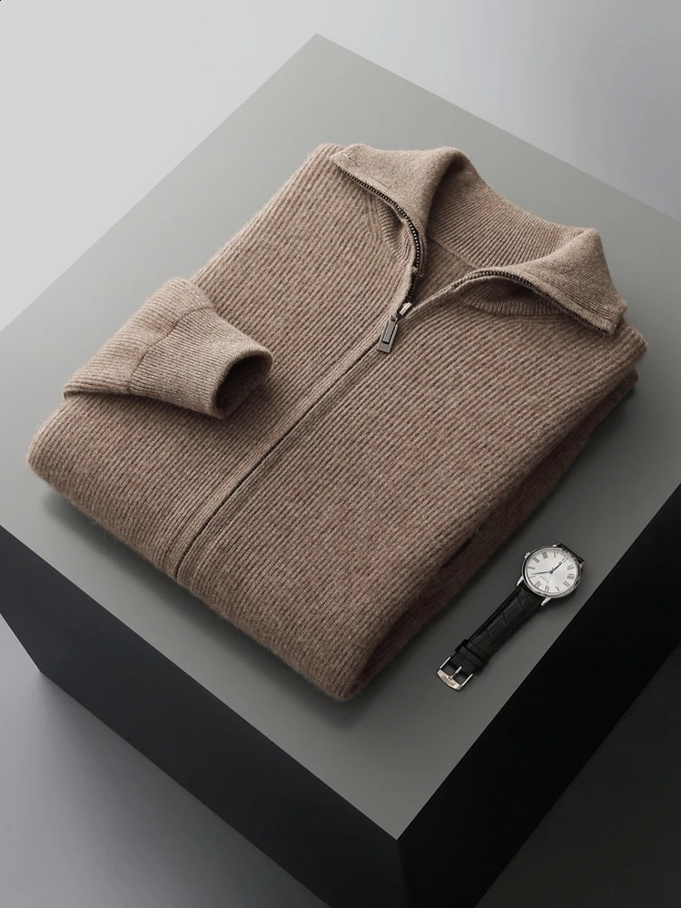 Chic Smart Casual Zipper Cardigan Mens Thick Autumn Winter 100 Merino Wool Knitted Sweater Turn Down Collar Coat Soft Tops 251017