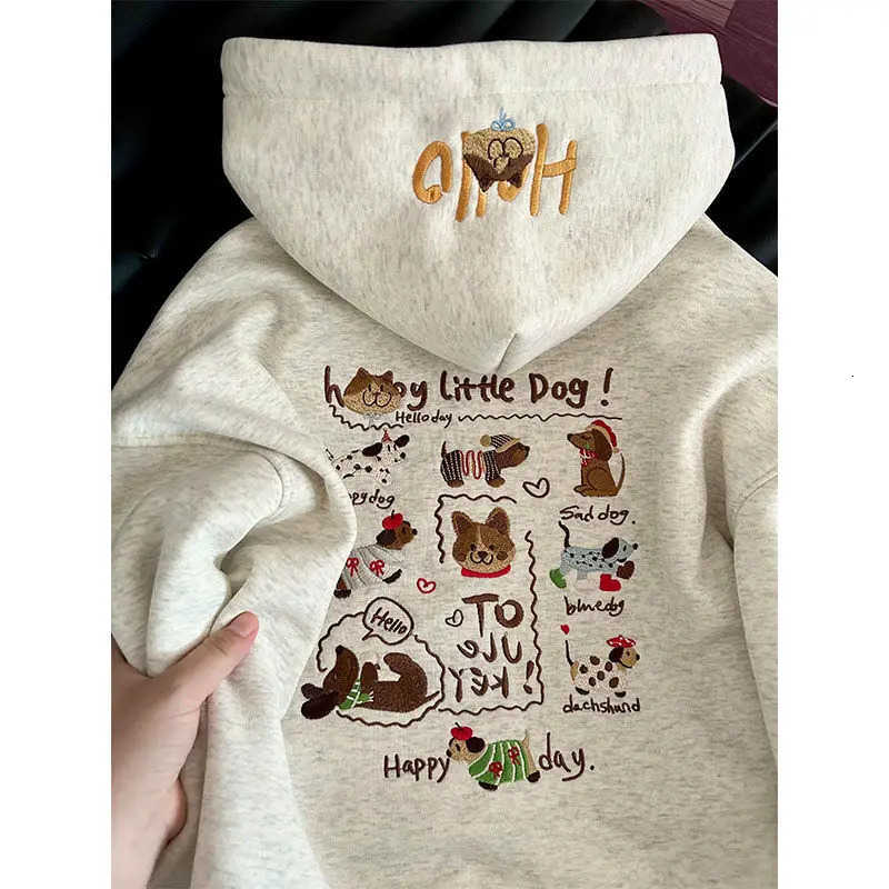 Sanrio French cute dachshund puppy print hooded sweater womens autumn and winter plus velvet high sense niche casual loose coat L251028