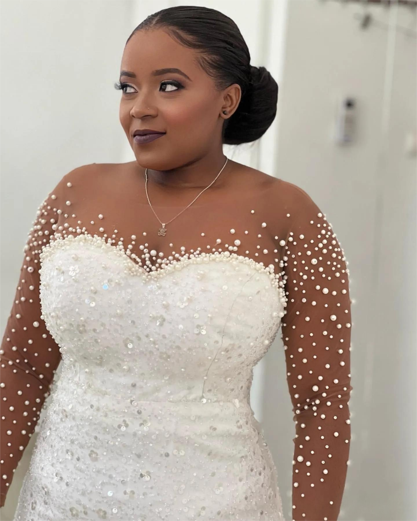 Ivory Satin Mermaid Wedding Dress with Pearls & Sequins Full Sleeves and Detachable Train