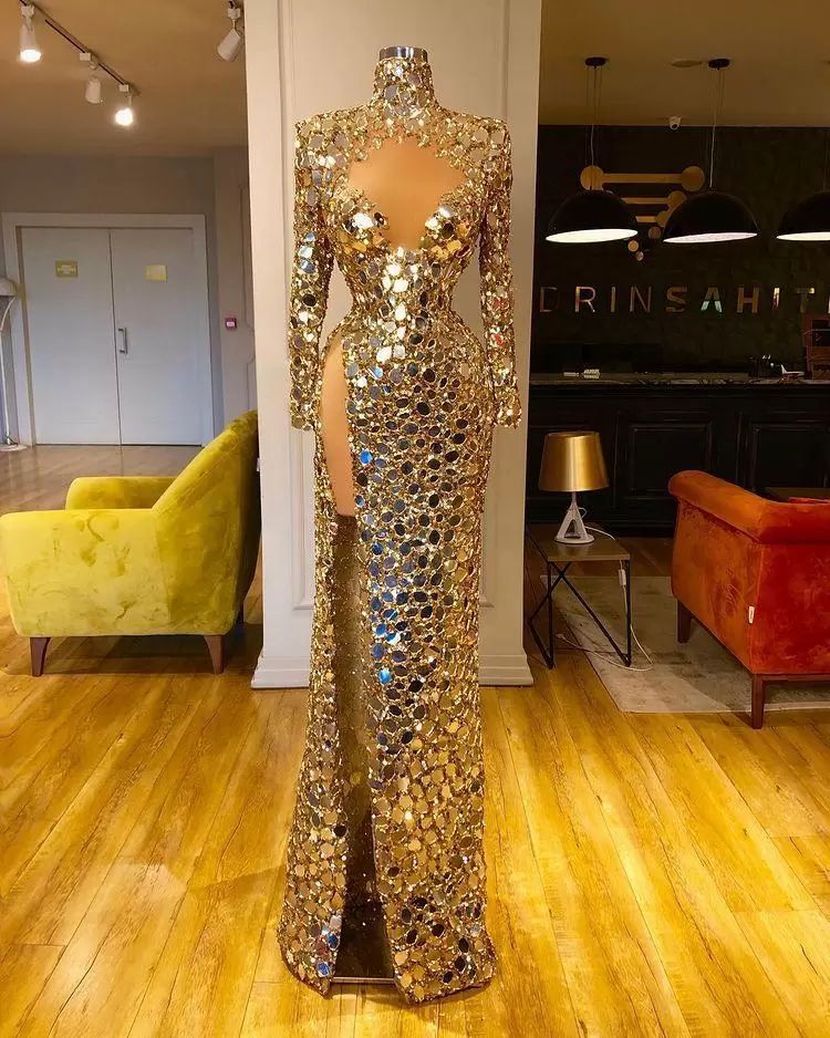 Plus Size Arabic Aso Ebi Gold Sequined Sexy Prom Dresses Long Sleeves High Split Evening Formal Party Second Reception Gowns Dress