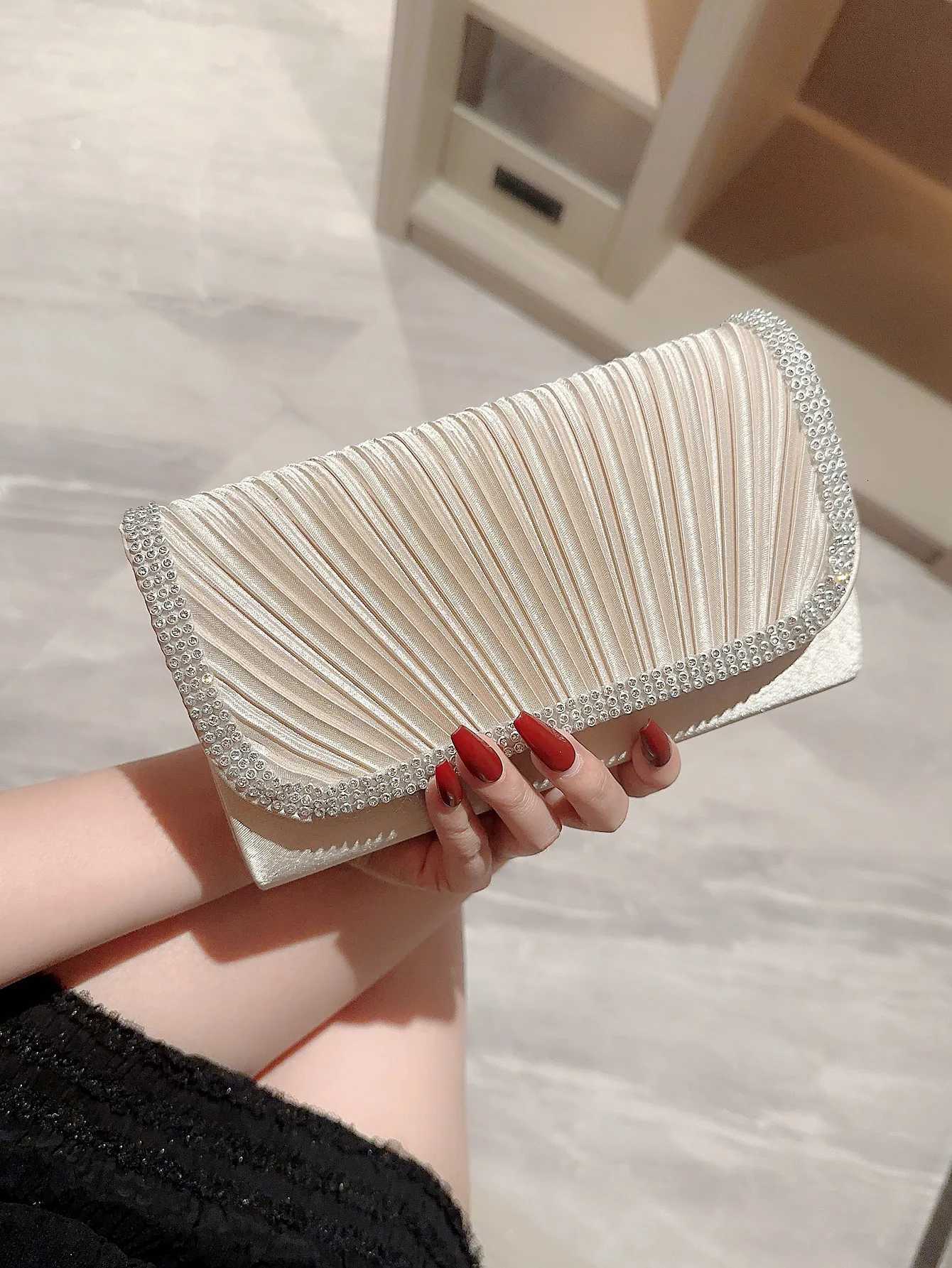Womens Pleated Satin Flap Evening Bag Sparkling Rhinestone Embellished Clutch Dress Bag Party Bag Prom Bag Wedding Bag Evening H251027