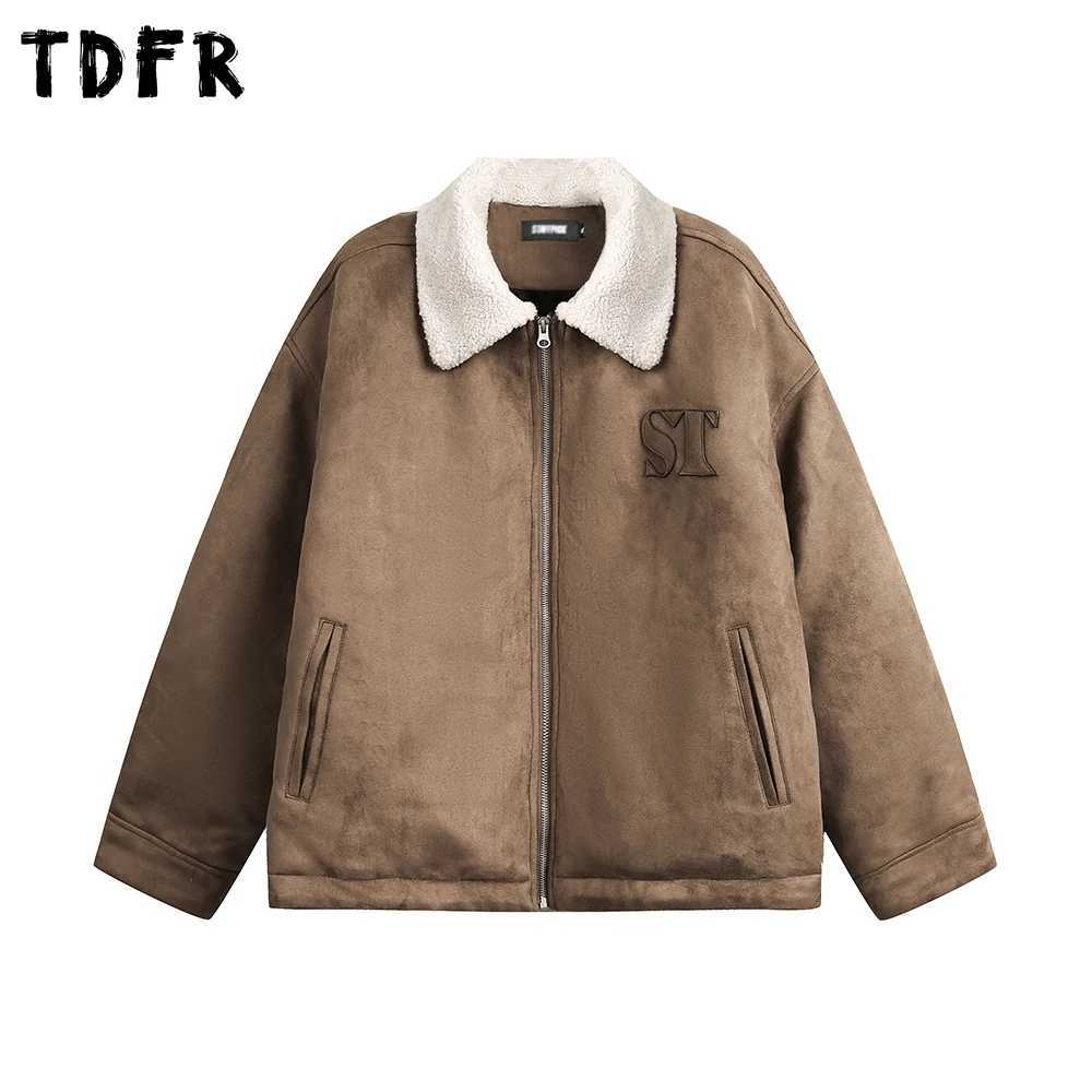 Retro Suede Quilted Jacket Mens Letter Winter Casual Loose Fur Collar Long Sleeve Outerwear Man Padded Jacket J251028