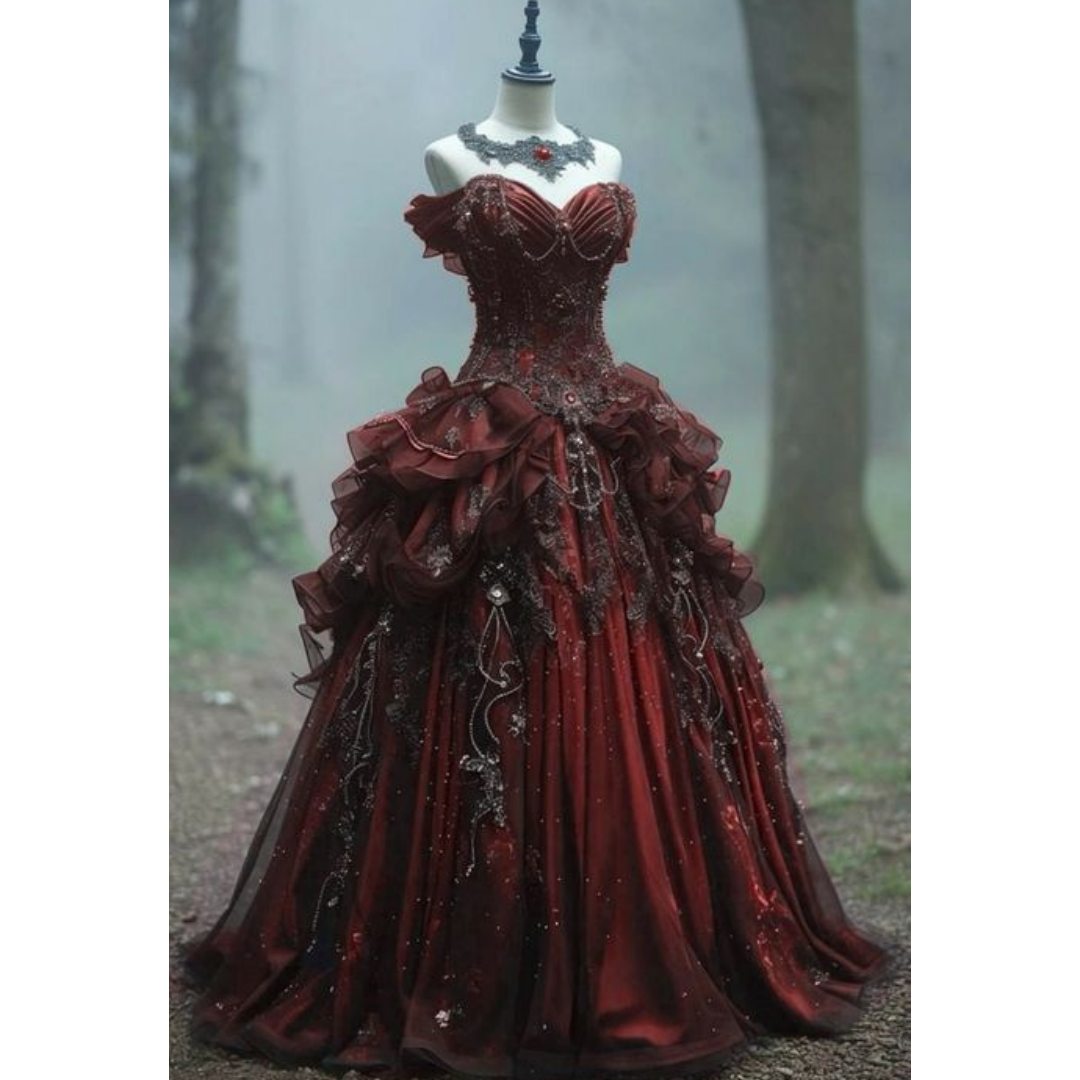 Vintage Black And Dark Red Long Prom Dresses Off Shoulder Gothic Evening Gown Special Occasion Dress Lace Appliques Beading Medieval Costume O28