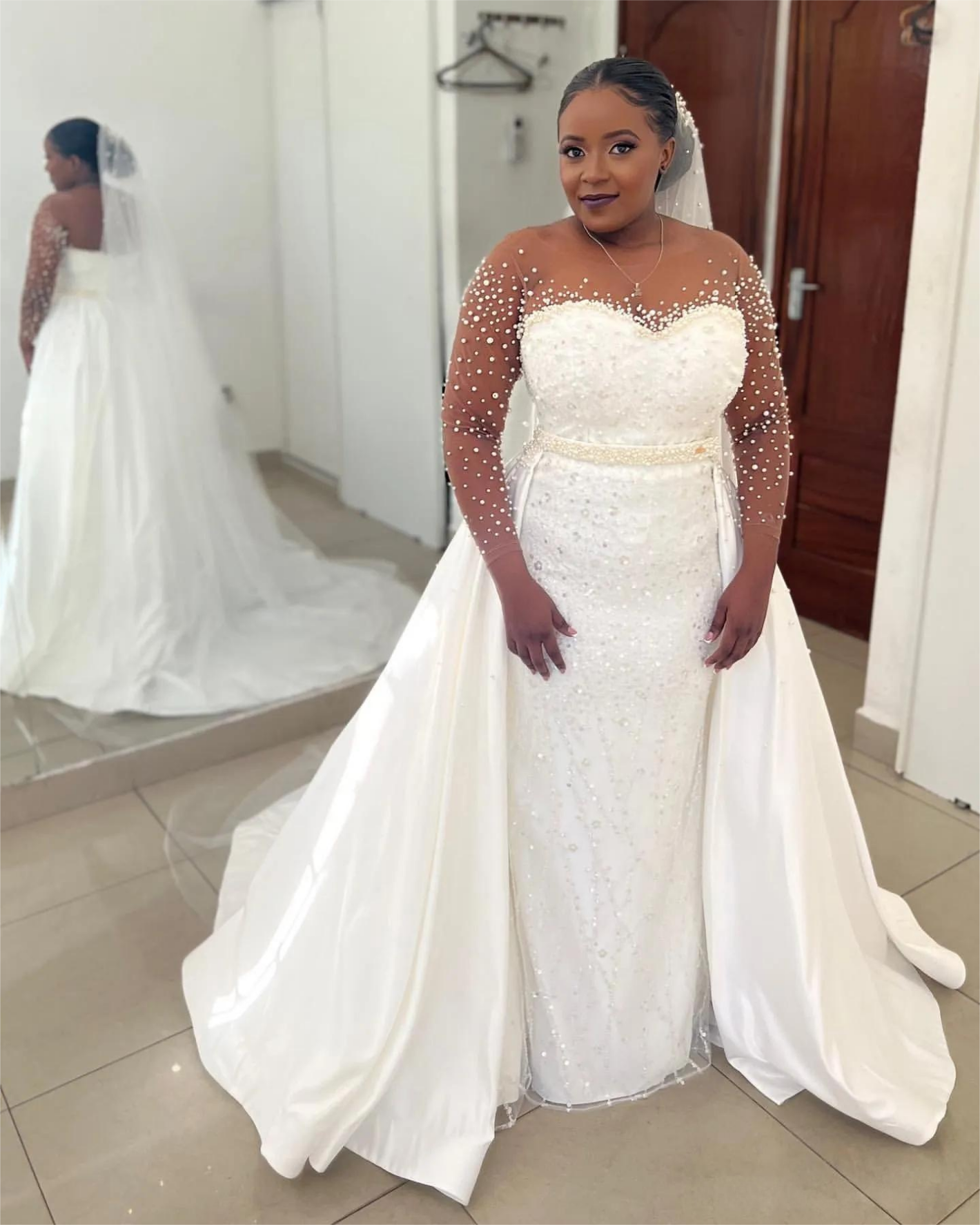 Ivory Satin Mermaid Wedding Dress with Pearls & Sequins Full Sleeves and Detachable Train