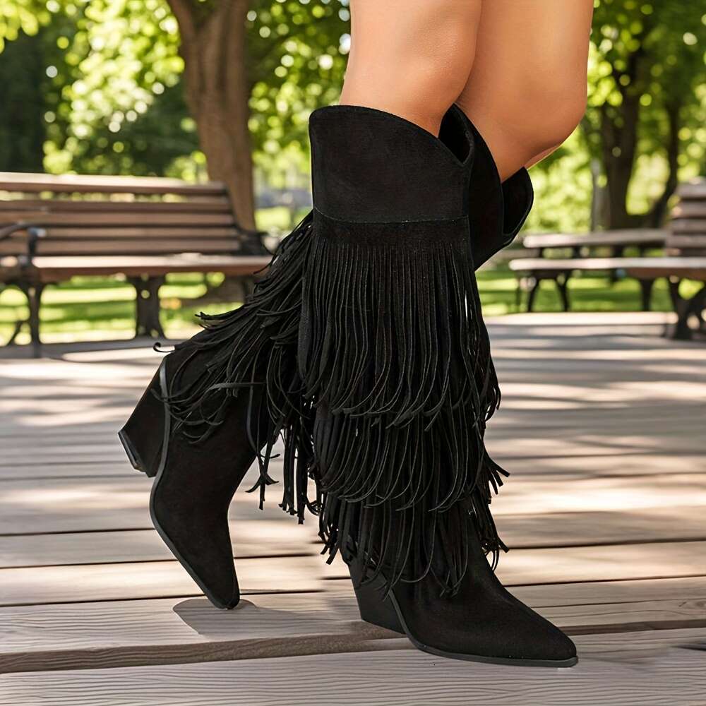 Women's Cowboy Slip-On Chunky Block Heel Boots With Pointed Toe, Black PU Synthetic Cover For Country Concerts, Western Parties, Everyday Outfits