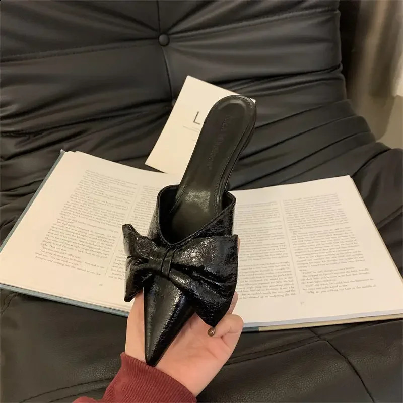 Bowtie Mule Shoes Women Fashion Pointed Toe Stripe Wave Slipon Sandals Ladies Satin Silk Outdoor 251023