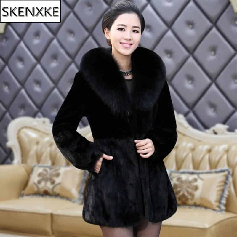 women winter long style 100 rabbit fur coat with fox fur collar Warm thick rabbit fur jacket Female fur coat 251027