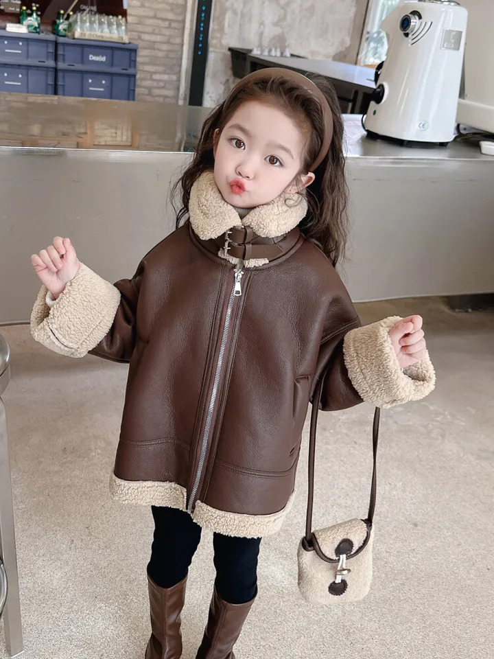 Baby Girl Clothes Windbreak Jacket Kids Girls PU Leather Lamb Wool Outerwear For Autumn Winter Warm Thicking Children Coats Tops 251027