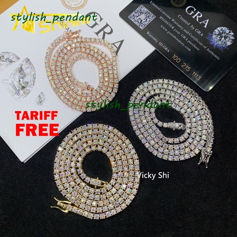 Fast Shipping Hip Hop Iced Out 3mm Moissanite Tennis Chain Men Women 925 Silver Moissanite Tennis Necklace GRA Certificated