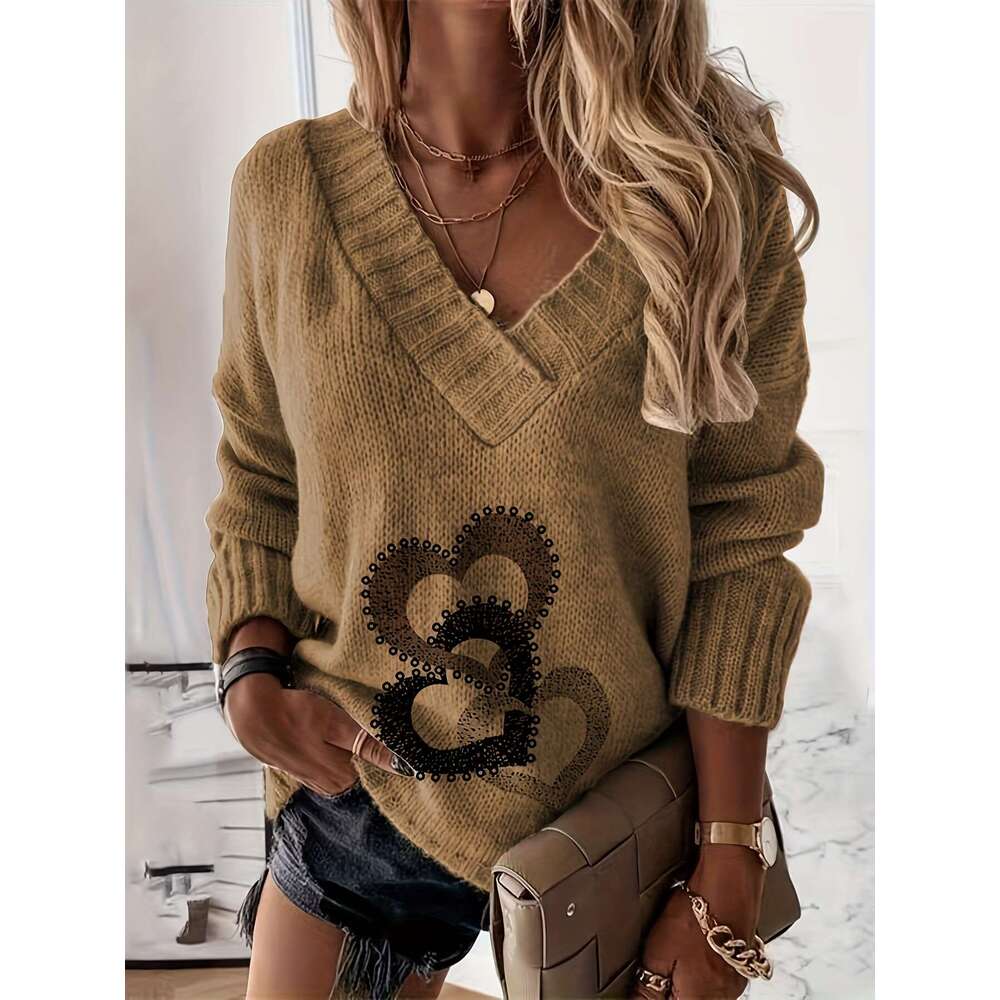 Women's V-Neck Print Sweater - Cozy Pullover With Contrast Trim, Medium Stretch & Relaxed Fit For Fall Winter Casual Wear, Cute Sweater, Playful 