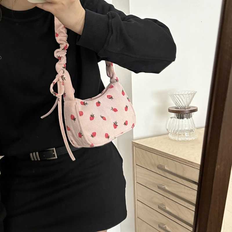 Women Small Underarm Bag Corduroy Handbag Cute Strawberry Print Little Tote Half Moon Design Eco Cloth Purse Mini Shoulder BagsW251028