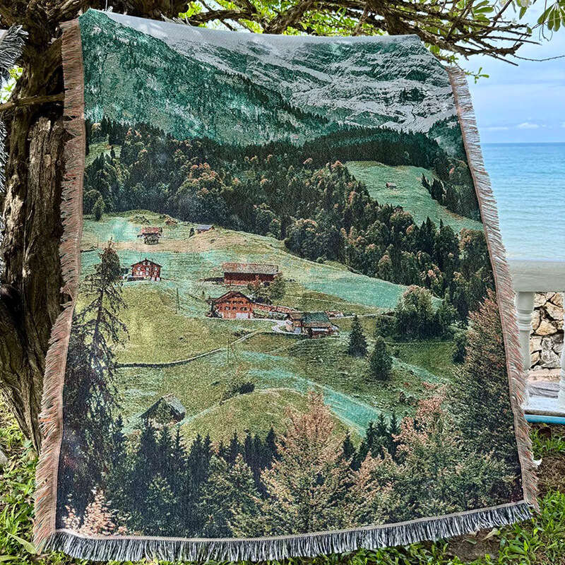 Mountain Landscape Picnic Sofa Throw Tapestry Cover Jacquard Woven Thread Blanket