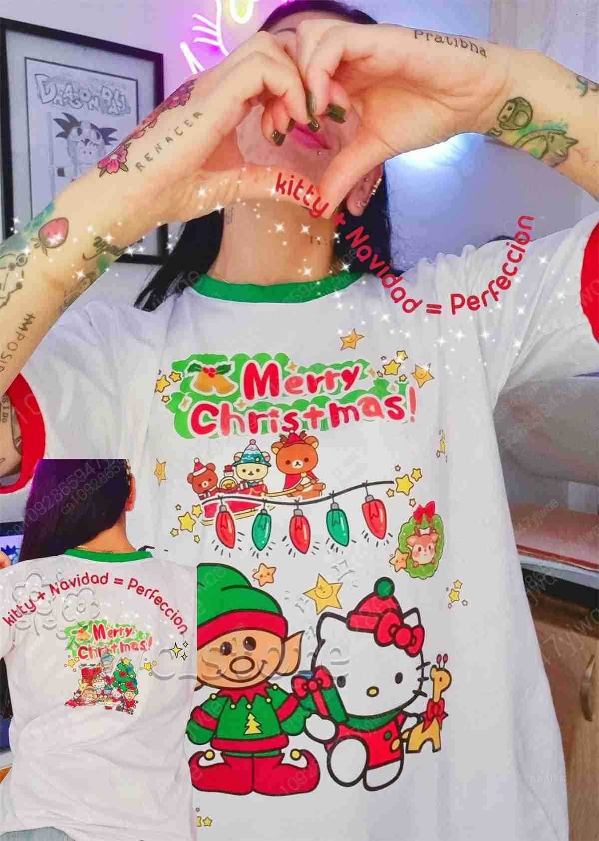 Sanrio 2026 New HelloKitty Christmas Party Clothing Round Neck Casual Comfortable Fashion Short Sleeve Womens Tshirt Y2K Top L251028