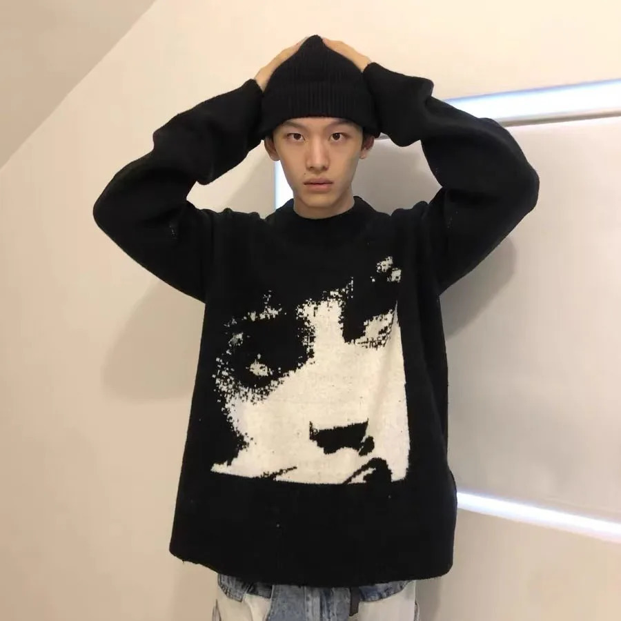 Mens Retro Gothic Knitted Sweaters Portrait Pattern Knitting Pullover Autumn Winter Streetwear Loose Hip Hop High Street Sweater 251023