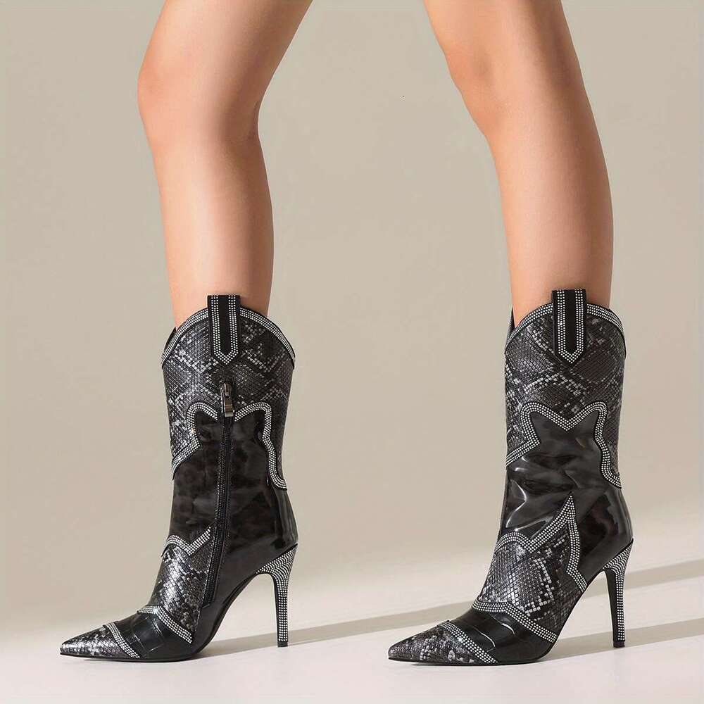 Women's Pointed Toe Heels Elegant Black Formal Party Boots With Zipper Closure, Slip-Resistant Synthetic Cover, Cushioned Insole For Weddings, Ev