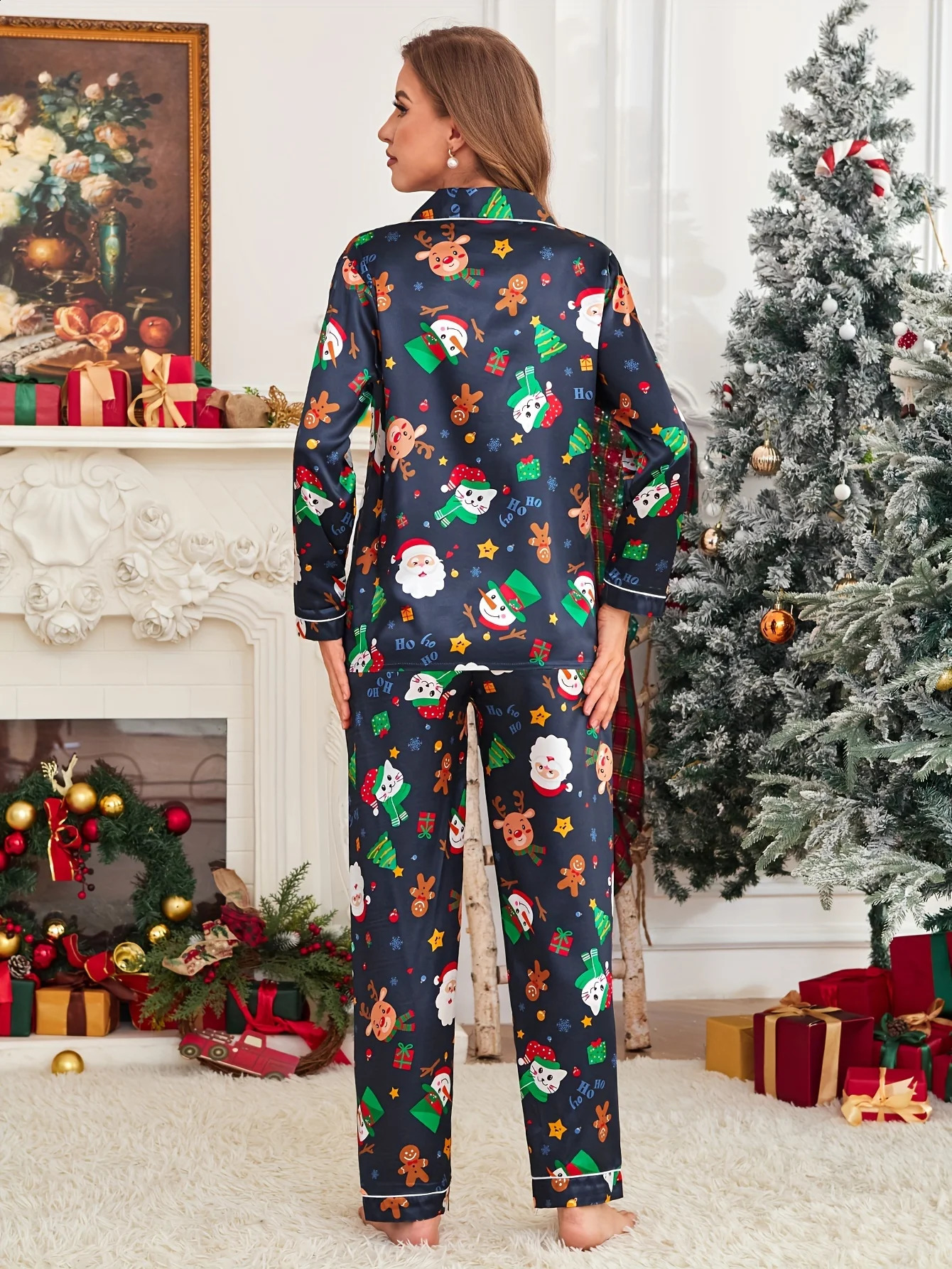 Christmas Holiday Satin Pajama Set for Adults Long Sleeve Party Pajama Pants and Top with Festive Print Reversible Buttoned P 251020