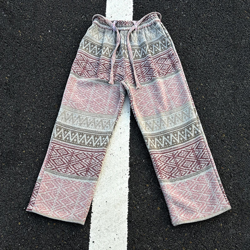 Hippie Pattern Knitted Slacks Mens Autumn Winter Straight Baggy Pants Plaid Wide Leg Vintage Distressed Trousers 251027