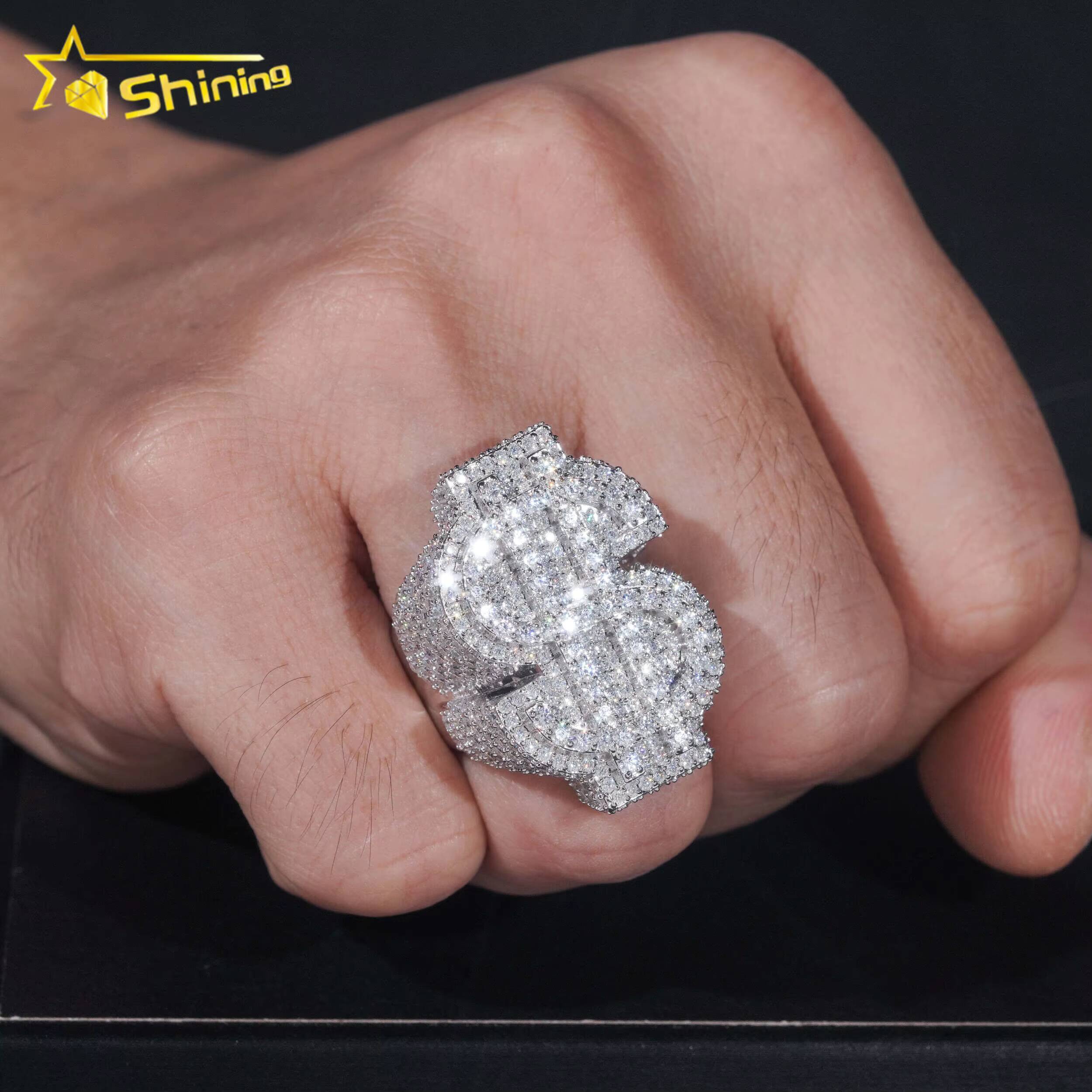 Hot Sale Money Sign Moissanite Diamond Silver Iced Out Design Hip Hop Ring Ready to Ship