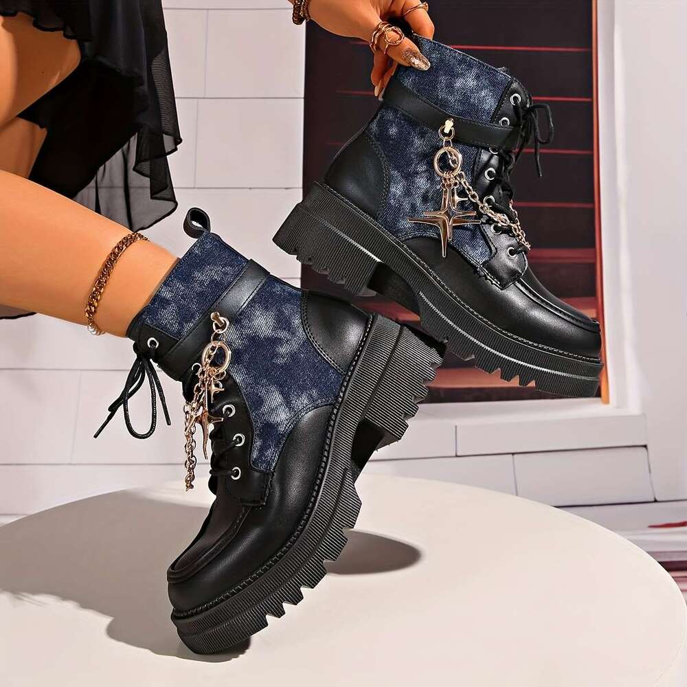 Women's Chunky Ankle Boots With Metallic Chain & Star Accent - Thick Platform Heel, Round Toe, Zipper Closure, Synthetic Cover Upper