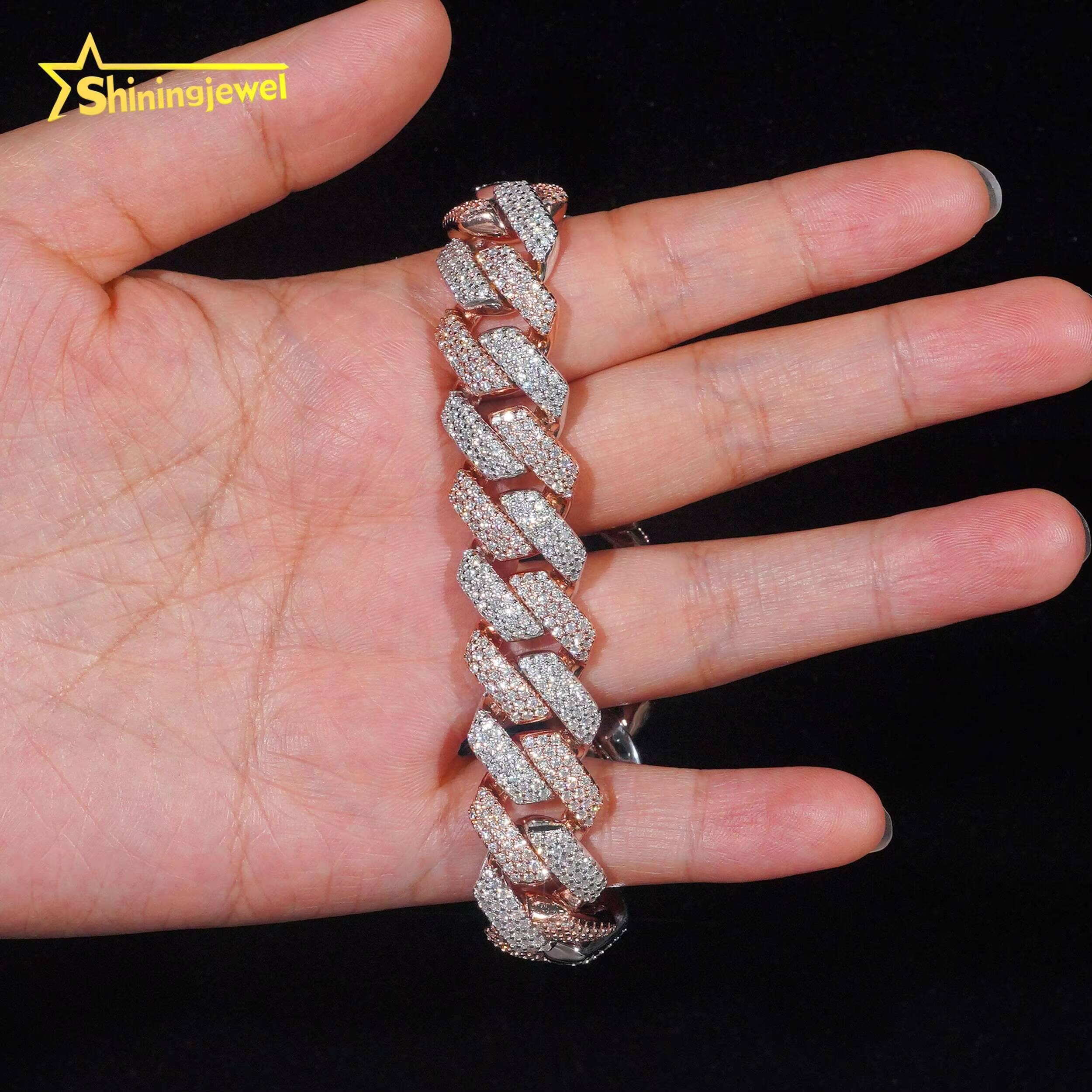 Two Tones Silver Rose Gold 15mm Moissanite Cuban Link Bracelet Hip Hop Moissanite Cuff Bracelet for Unisex Fashion