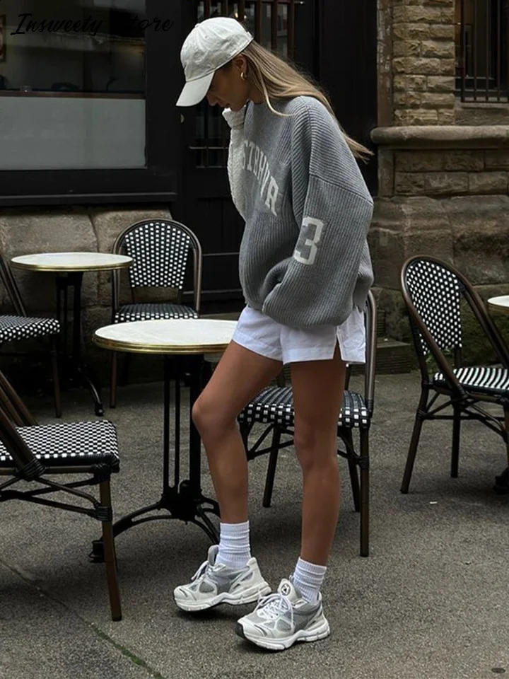 Fashion Letter Jacquard Knit Pullover Women Oversize Long Sleeve Oneck Classic Sweater 2025 Autumn Lady Casual Outerwear 251027