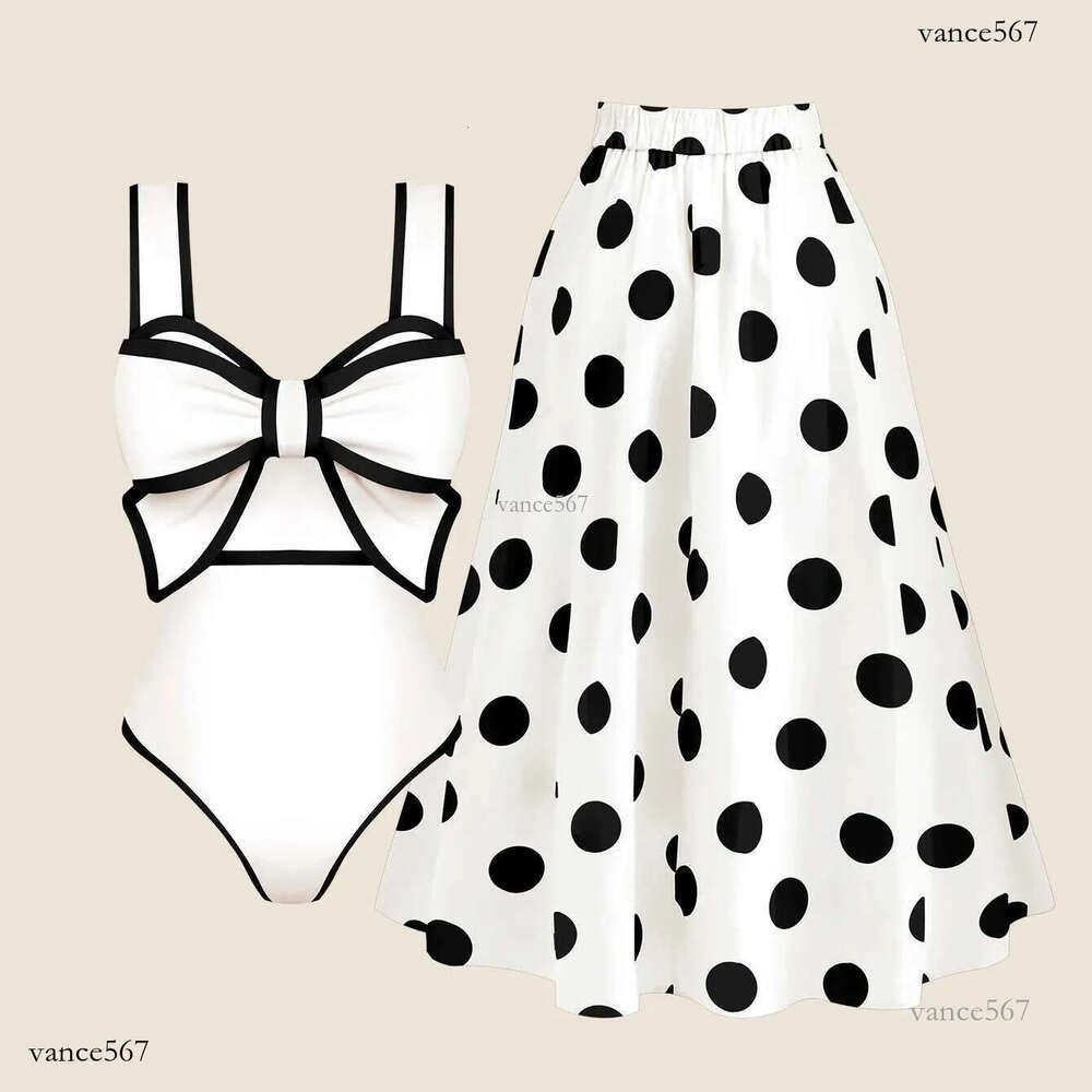 2025 Black White Retro One Piece Swimsuit Women Bow Tie Swimwear With Skirt Sexy Bathing Suit Monokini Bodysuit Beach Wear