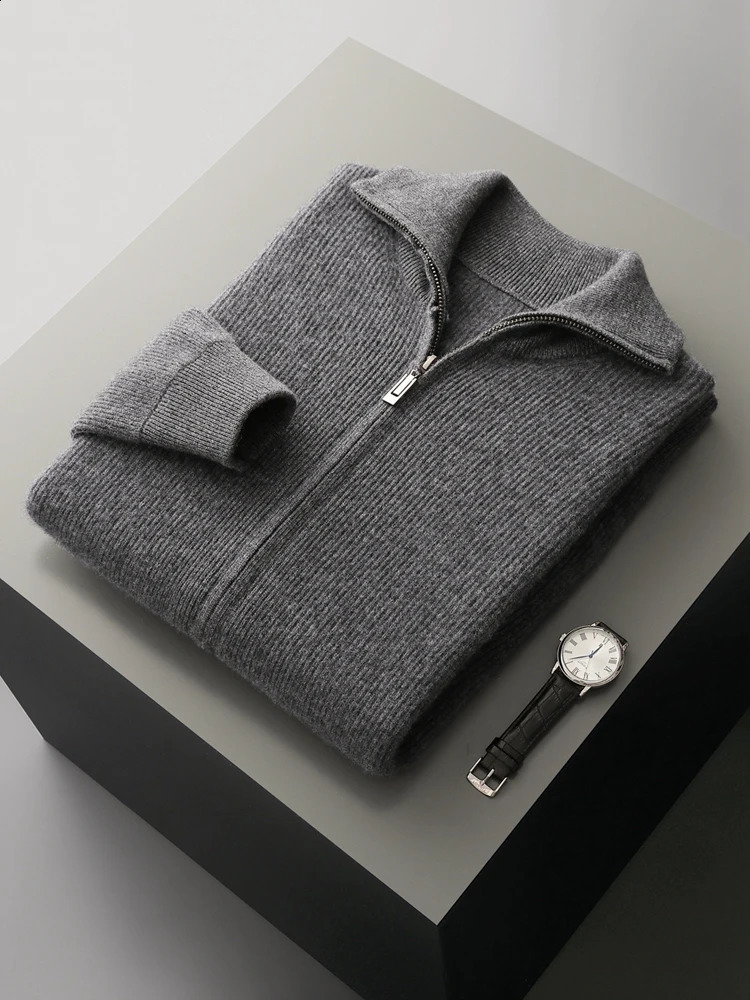 Chic Smart Casual Zipper Cardigan Mens Thick Autumn Winter 100 Merino Wool Knitted Sweater Turn Down Collar Coat Soft Tops 251017