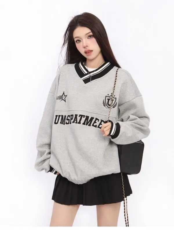 American Retro Letter Embroidery Shirt Unisex Hip Hop Vneck Sweatshirt for Men Women Autumn Winter Design Oversize Couple Tops J251028