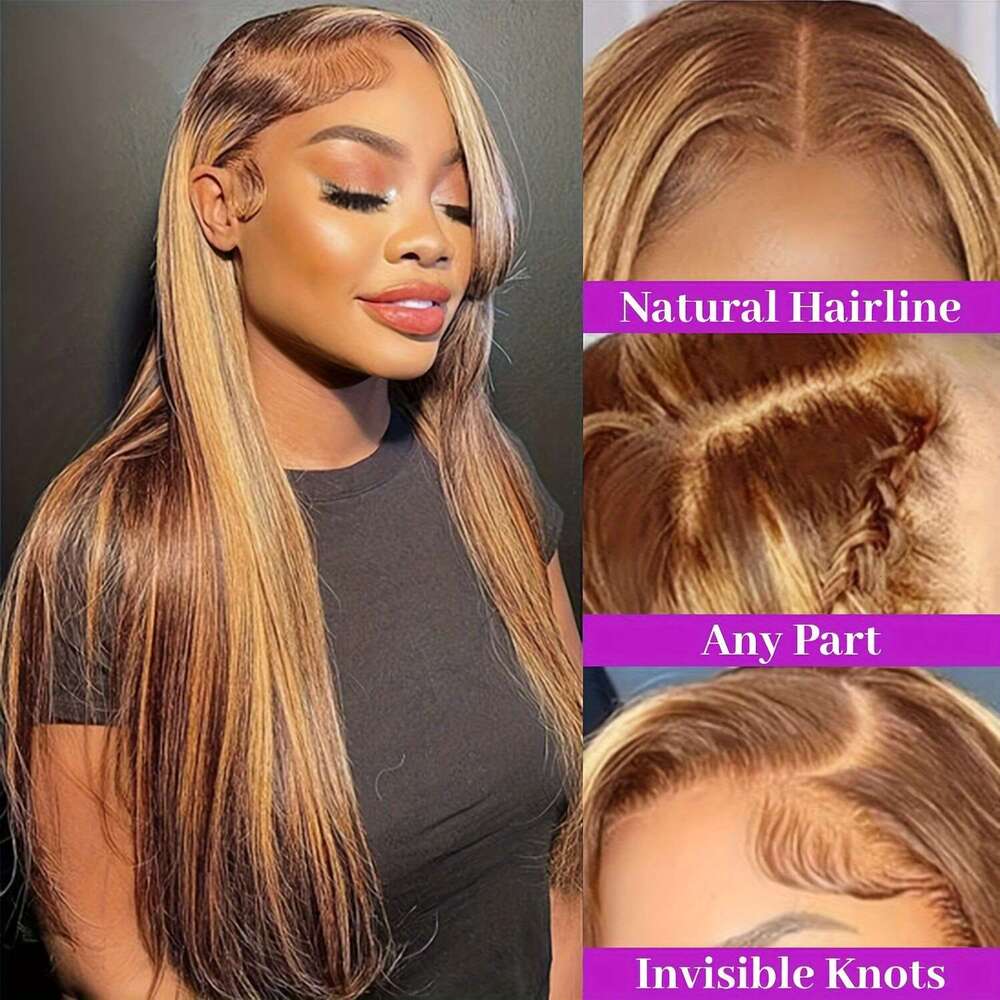 Honey Blonde Wig 13X4 HD Transparent 4/27 Highlight Ombre Lace Front Pre Plucked With Baby 200% Density Straight Glueless Human Hair Wigs For Women