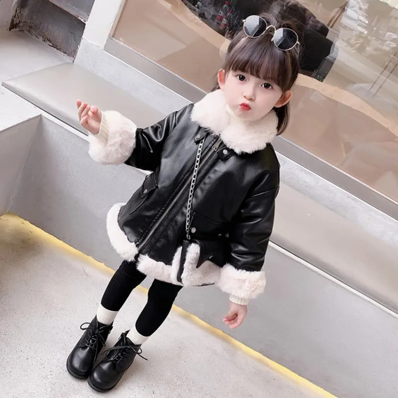 Girls Coat Jacket CottonOutwear Overcoat 2025 PU Warm Thicken Plus Velvet Winter Autumn Teenager Childrens Clothing 251027