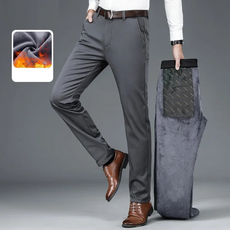 Mens autumnwinter fashionable business casual pants elastic slim fit warm and plush suit work clothes 251027