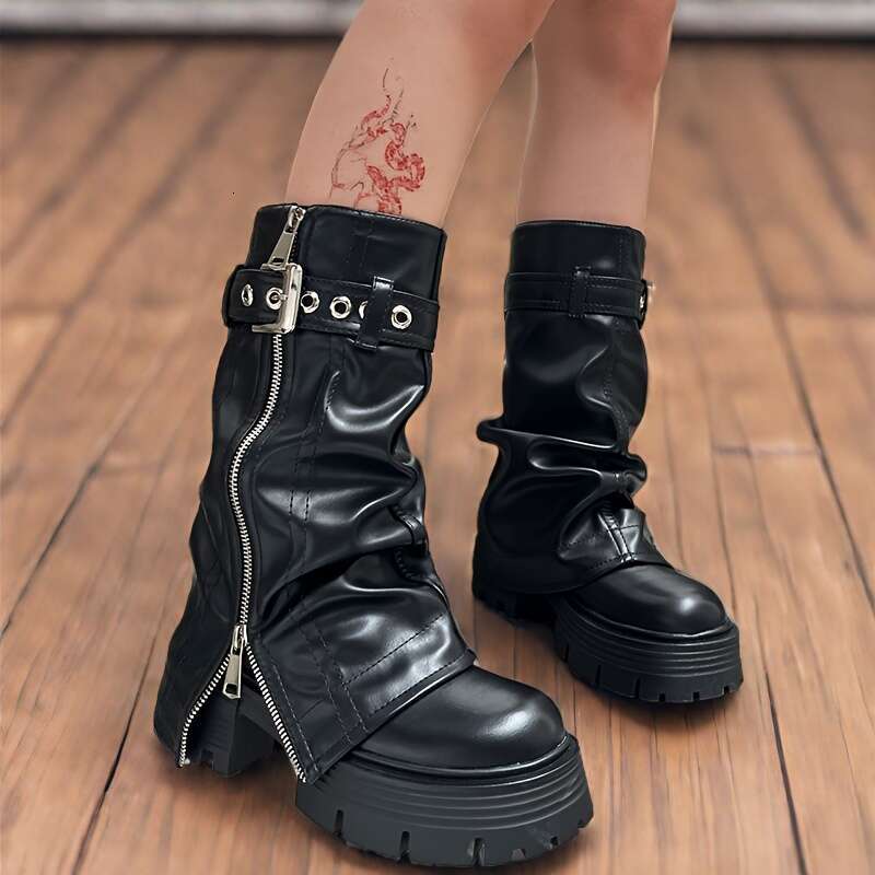 GOGD Women's European/American Style Fold Mid Calf Boots, Black, Round Toe, Platform Heel, Zipper, Chunky, Hand Washable, Solid Color, Short, Pul