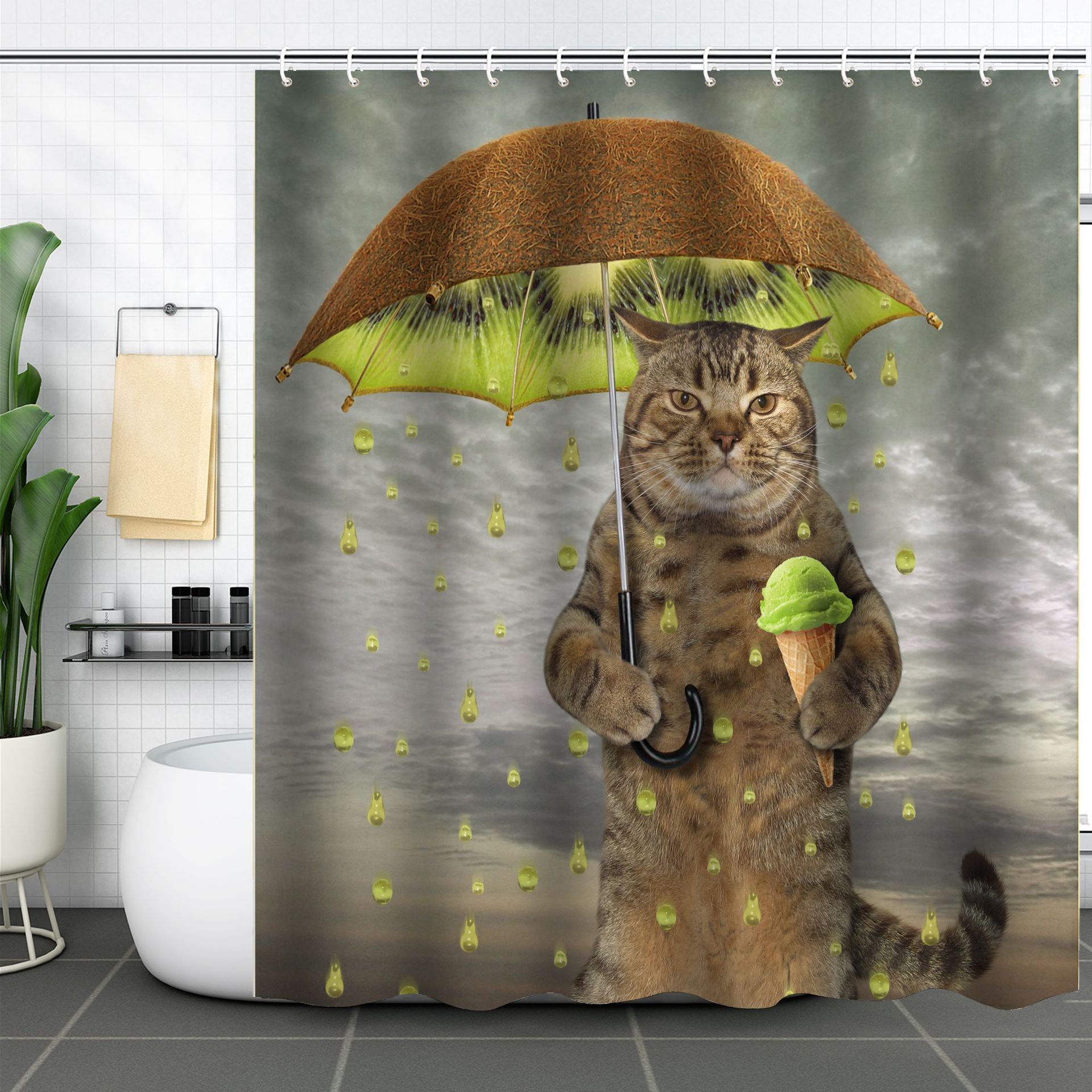 YL-37578 3D digital shower curtain for cat bathing bathroom with dry and wet separation polyester with hooks