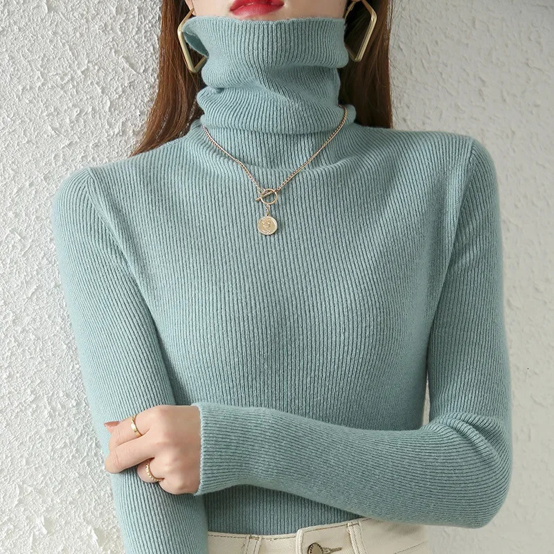 Womens Autumn and Winter 100 Wool Casual Warm Stacked High Neck Wool Loose Thick Underlay Knitted Sweater Top 251027