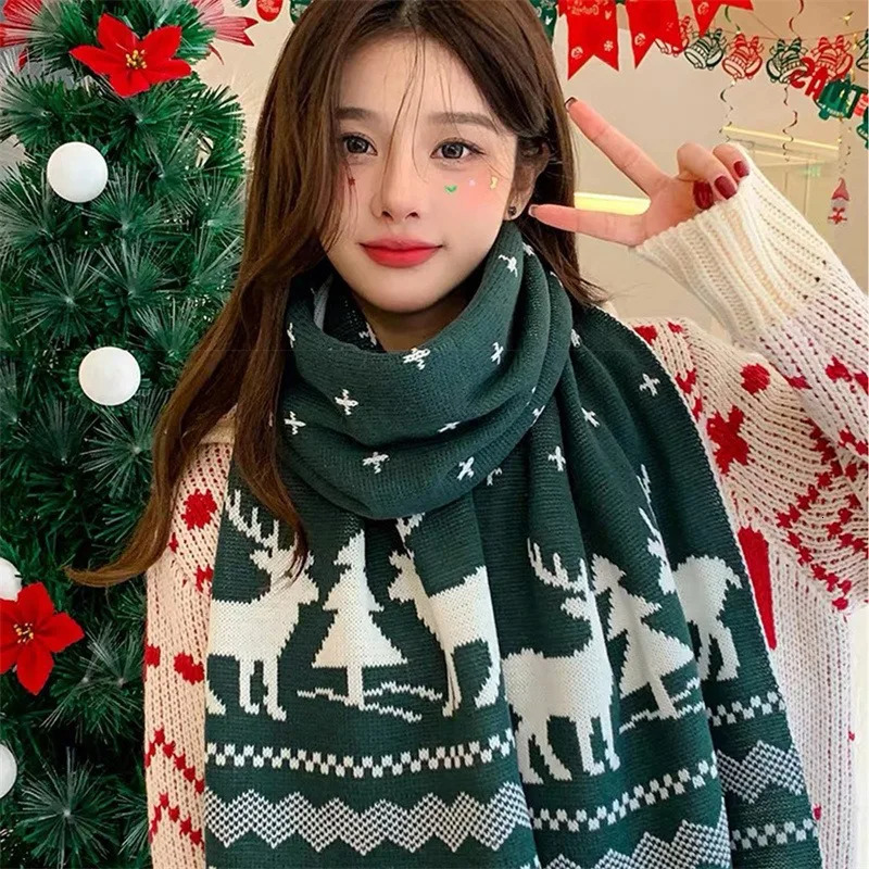 Christmas Women Men Scarf DoubleSided Deer Elk Teenager Girls Boys Knitted Shawl Adult Winter Scarves Family Year Gift 251024