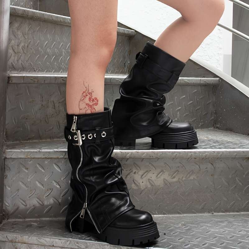 GOGD Women's European/American Style Fold Mid Calf Boots, Black, Round Toe, Platform Heel, Zipper, Chunky, Hand Washable, Solid Color, Short, Pul