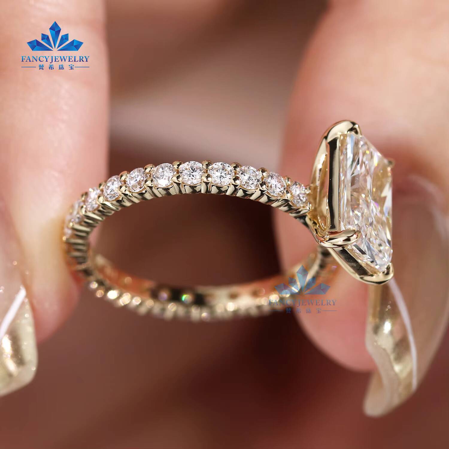 Igi Certified Cvd Lab Grown Created Diamond 10k 14k 18k Yellow Gold Engagement Ring Radiant Cut Full Diamond Ring Band