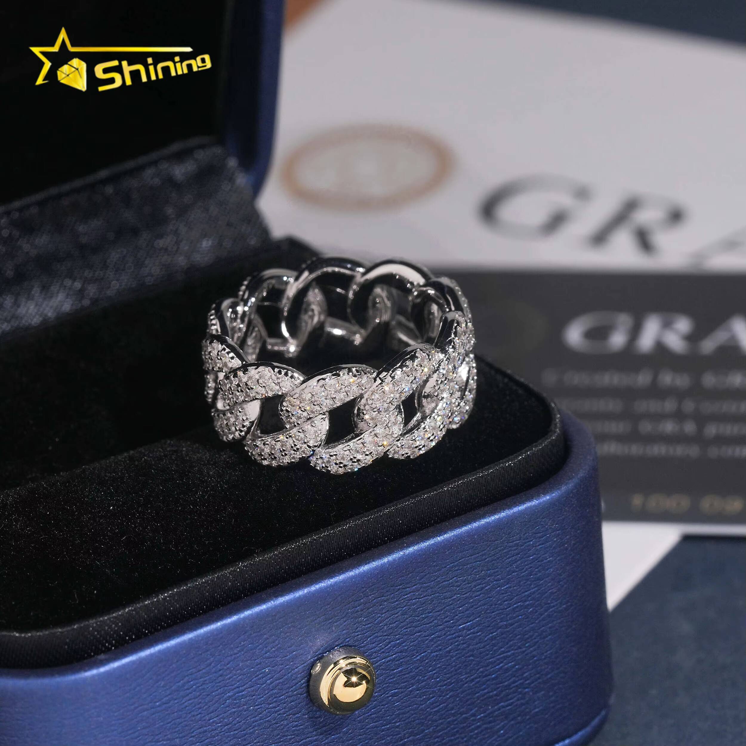 New Iced Out 925 Silver VVS Moissanite Cuban Link Ring Hip Hop Jewelry Custom Moissanite Engagement Ring for Men