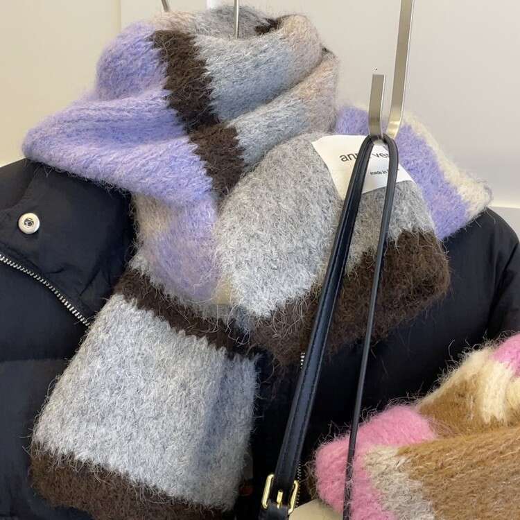 Mohair Scarf Peach Pink Striped Color Block Thickened Warm Autumn Winter Korean New Style Student Unisex