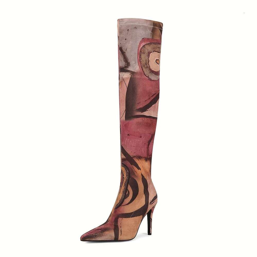 Elegant Over-The-Knee With Artistic Print, Pointed Toe, And Stiletto - Fabric & Faux Cover, Rubber Sole, Zip Closure For Women, High Heel Boots