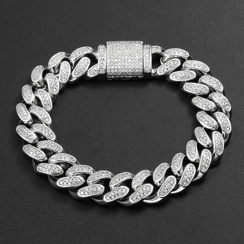 Fashion 12mm Iced Out Cuban Link Bracelet 18K Gold Plated Brass Prong Setting Moissanite Diamond Hiphop Jewelry for Men