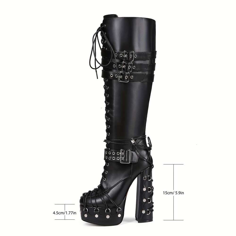 Women's Chunky Knee-High Boots With Adjustable Buckle Straps Tie Rope, Toe, Zipper Closure Faux Cover Upper, Rubber Sole, Plush Lining All-Day Co