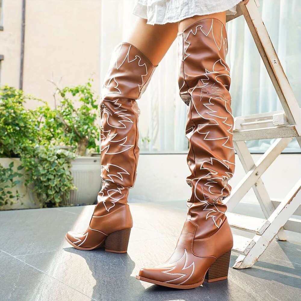 Women's Pointed Toe Embroidered Over-The-Knee - Slip-On Chunky With Pattern, Synthetic Cover Upper TPU Sole, High Heel Boots For Casual & Outfits