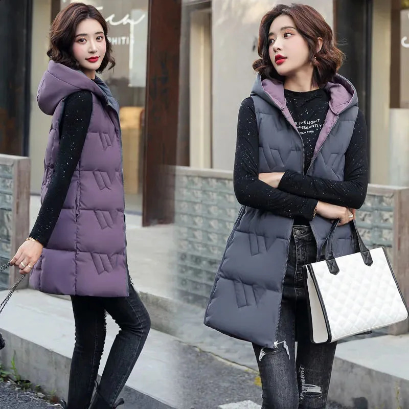 Womens Long Hooded Cotton Vest Padded Waistcoat Doublesided Down Warm Female Autumn Winter 251027