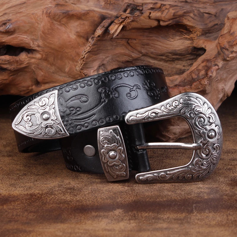 er Retro Flower Printing Belts Men High Quality Genuine Leather Strap Famous Pin Buckle Belt Ceinture Homme 251027