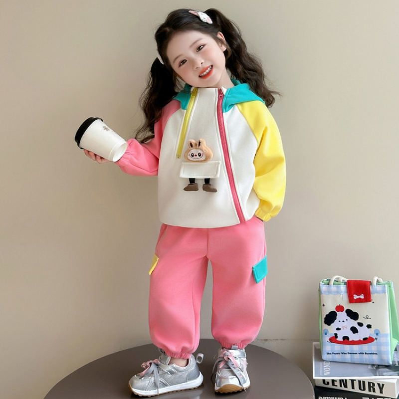 2025 New Style Girls Cartoon Color Block Sporty Tracksuit Autumn Trendy Toddler Kid Sweatshirt Two-Piece Set