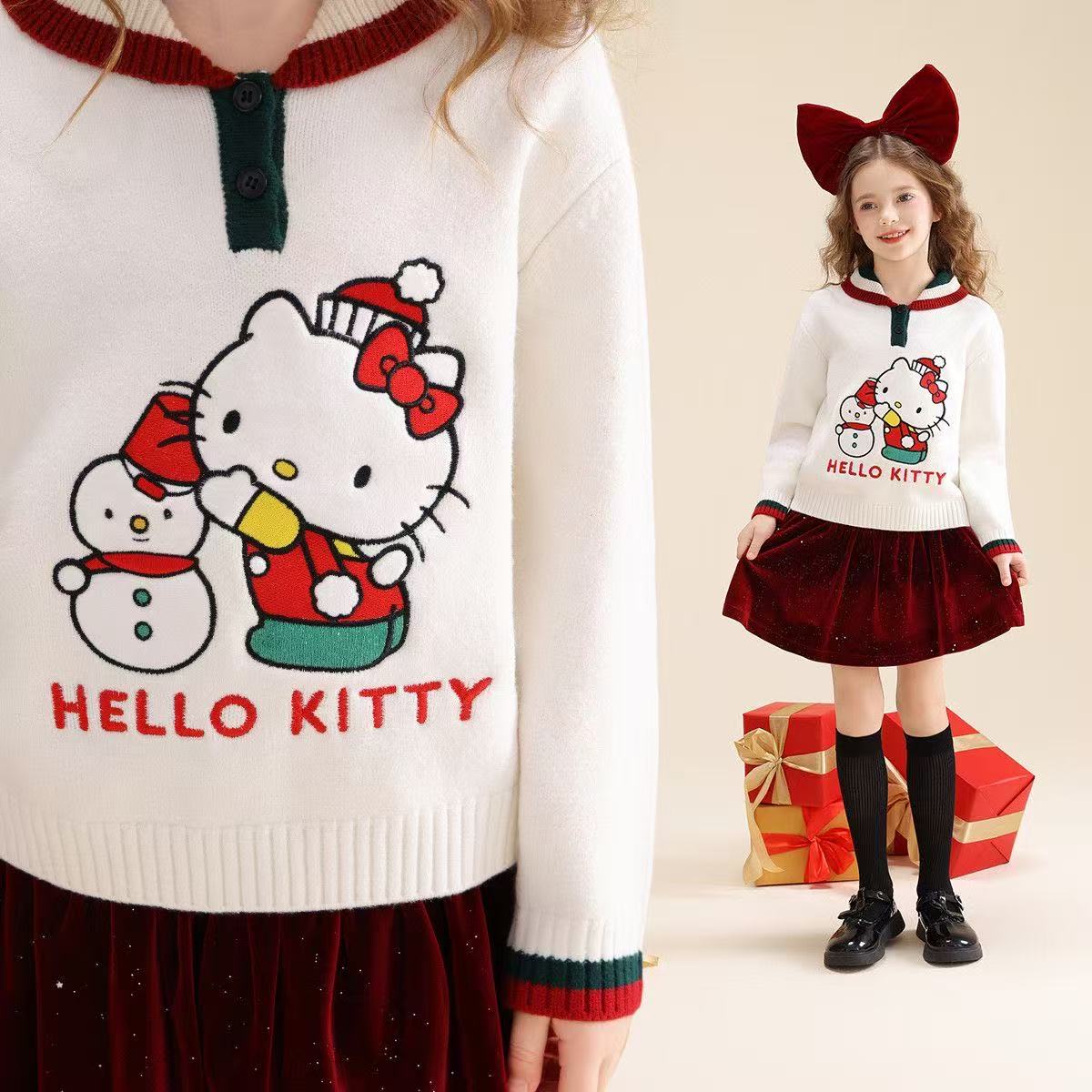 Sanrio HelloKitty Girls' Autumn and Winter Sweater Children's Christmas Style Warm Wool Sweater for Medium and Large Sizes L251028