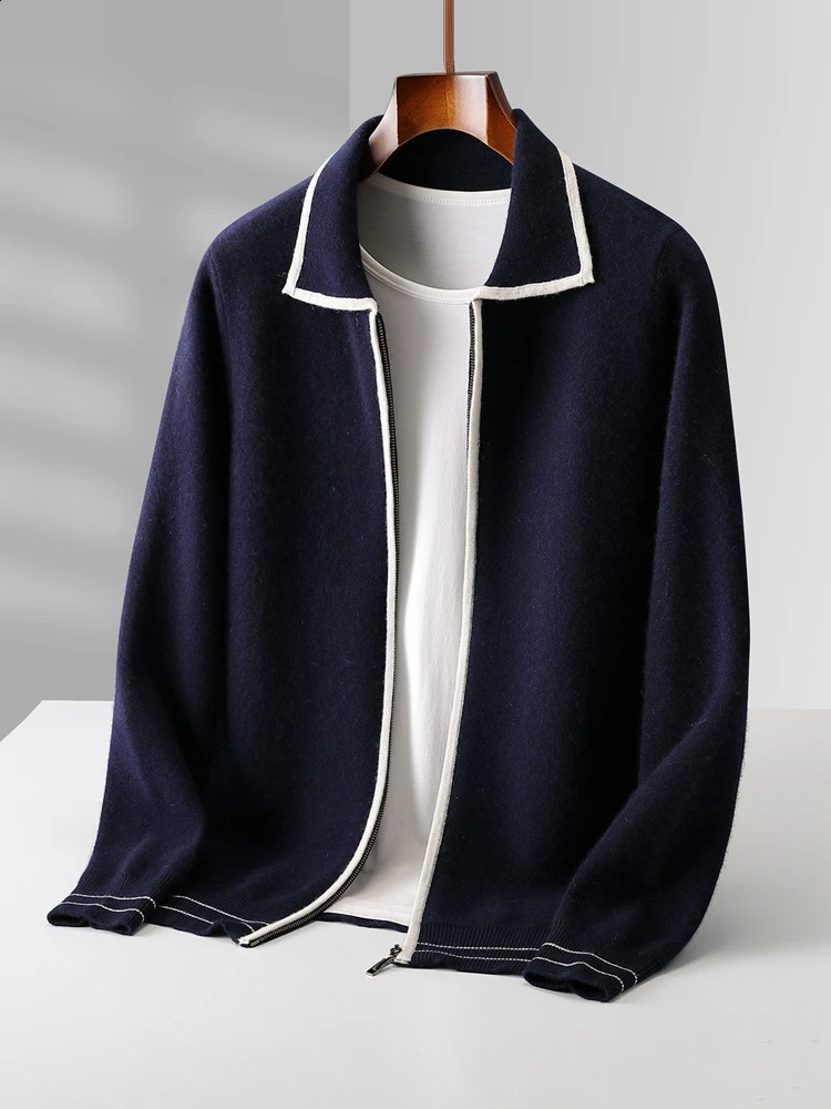 Mens Sweater Polo Collar Coat 100 Merino Wool Cardigan Clothing Autumn Winter Korean Knit Thick Zip Open Stitch Jacket 251017